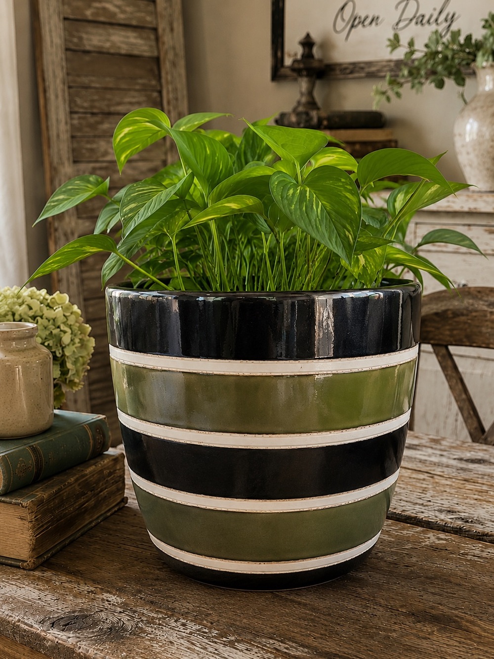 Decorative Black and Olive Stripe Ceramic Planter - Unbranded